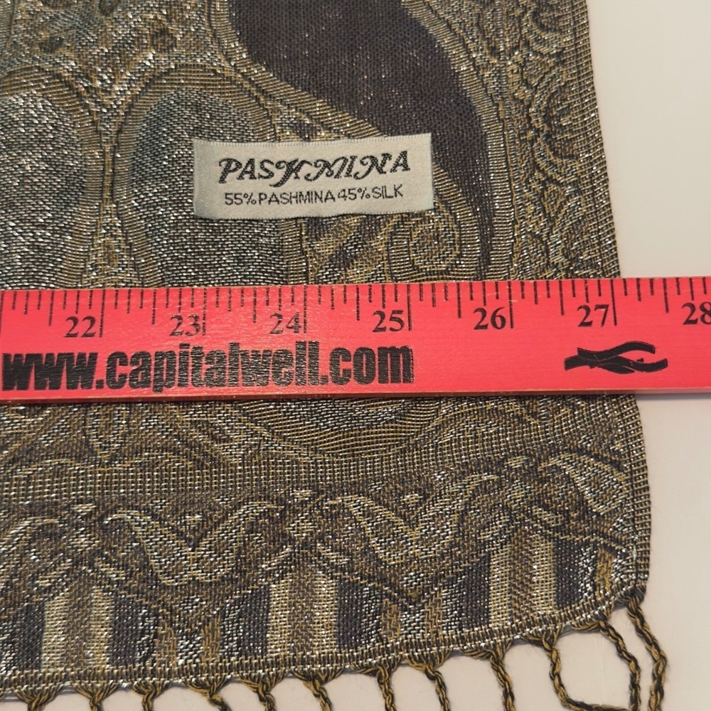Pashmina Silk Paisley Scarf Gold Bronze Grey Metallic Jacquard Fringe Wrap Shawl - Picture 5 of 9